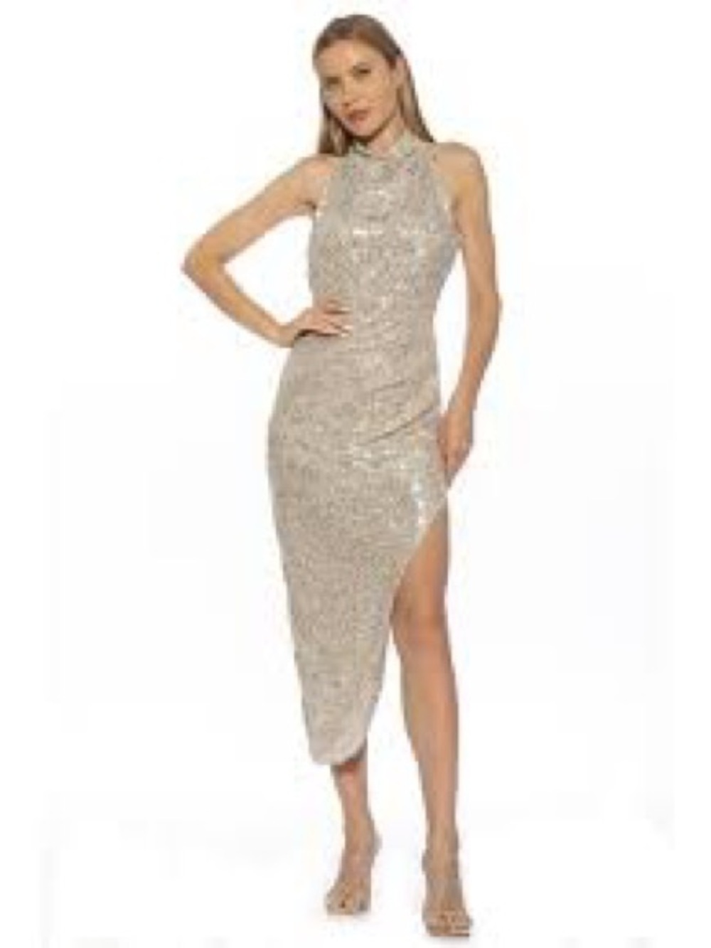 Alexia Admor June Sequin Halter Evening Dress sz 10 gold sparkle